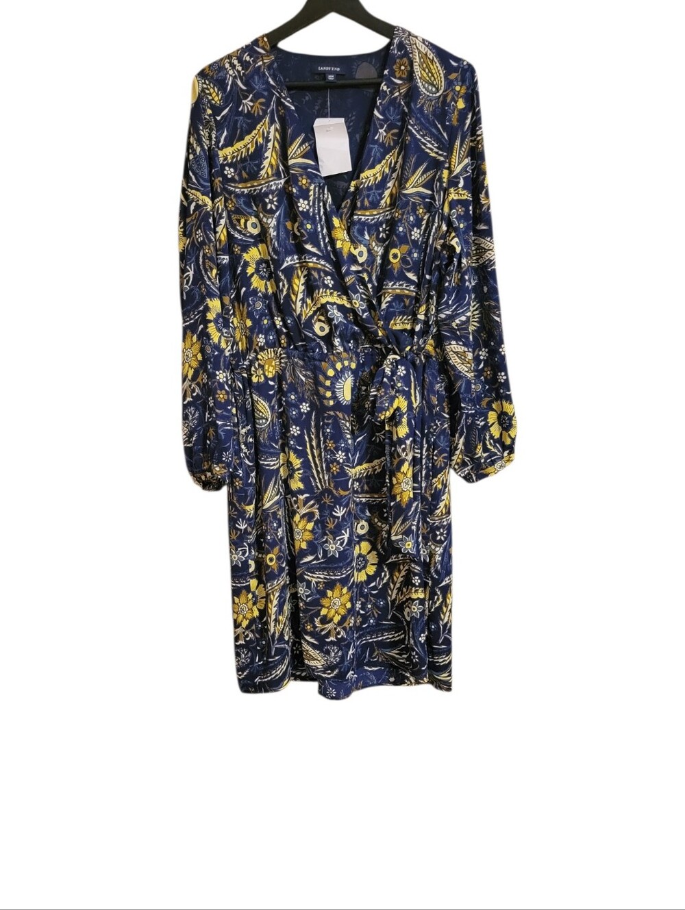 Lands End Blue Floral Long Sleeve Faux Wrap Dress
